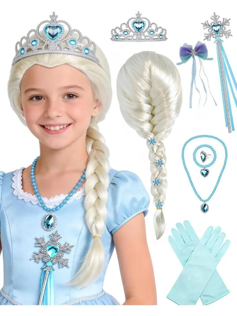14 Pcs Long Platinum Blonde Braided Wig Set for Princess Cosplay & Costume